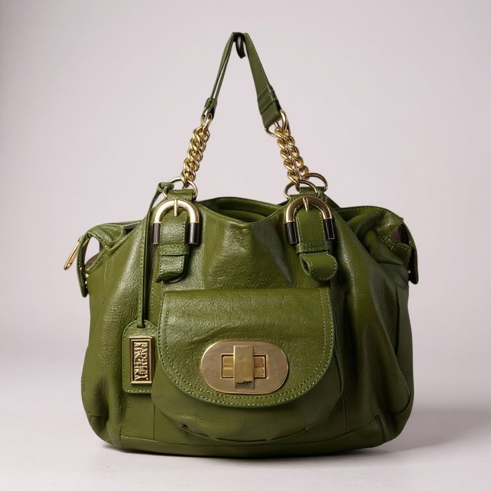 Badgley Mischka Platinum Connie XL hobo bag green and gold turn lock #030